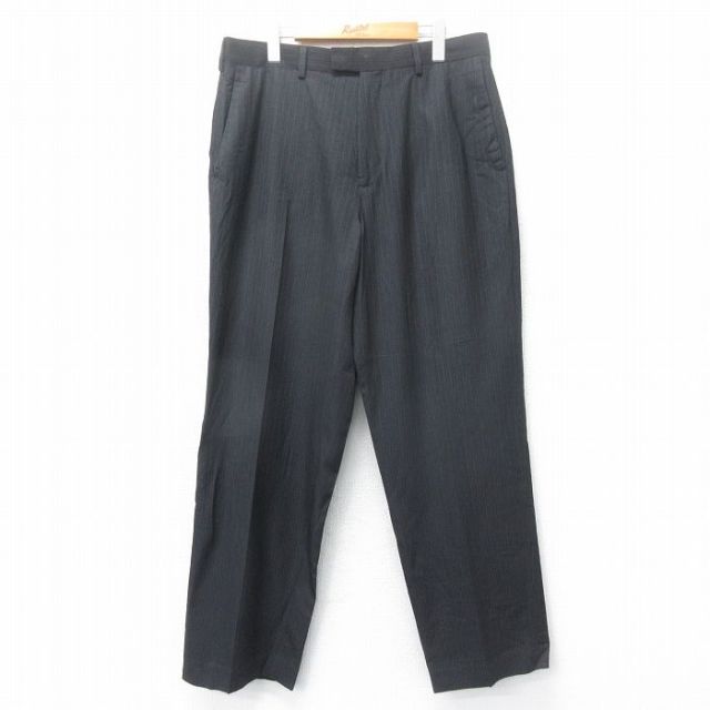 W35★古着 ペリーエリス スラックス パンツ メンズ 黒 ブラック ストライプ 25mar12 中古 ボトムス ロング