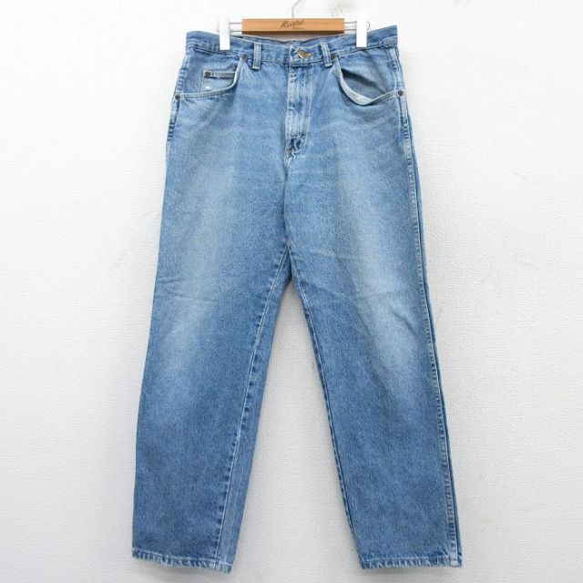 W34★古着 ラングラー Wrangler ジーンズ メンズ 90年代 90s ヒゲ コットン 紺 ネイビー デニム 【spe】 25mar12 中古 ボトムス ジーパン Gパン ロング パンツ