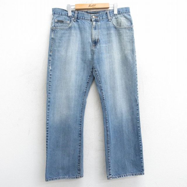 W39★古着 カルバンクライン Calvin Klein ジーンズ メンズ ヒゲ ブーツカット コットン 紺 ネイビー デニム 25mar15 中古 ボトムス ジーパン Gパン ロング パンツ