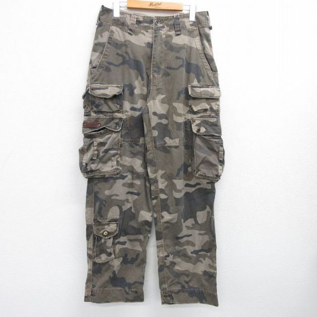 W31★古着 カーゴ パンツ メンズ コットン 茶 ブラウン 迷彩 25mar17 中古 ボトムス ロング