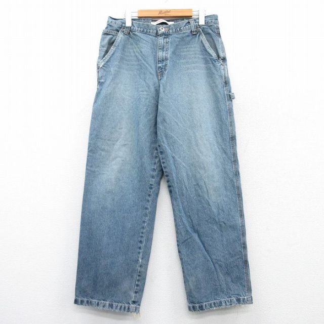 W34★古着 ペインター パンツ メンズ ヒゲ コットン 紺 ネイビー デニム 25mar18 中古 ボトムス ロング
