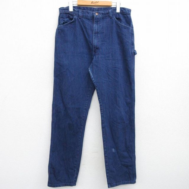 W34★古着 DEECEE ペインター パンツ メンズ 80年代 80s コットン USA製 紺他 ネイビー デニム ストライプ 【spe】 25mar19 中古 ボトムス ロング
