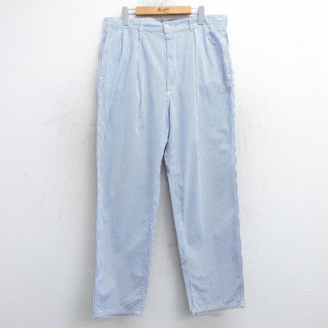 W36★古着 ラルフローレン Ralph Lauren ブランド パンツ メンズ 90年代 90s シアサッカー コットン USA製 薄紺他 ネイビー ストライプ 【spe】 25mar25 中古 ボトムス ロング
