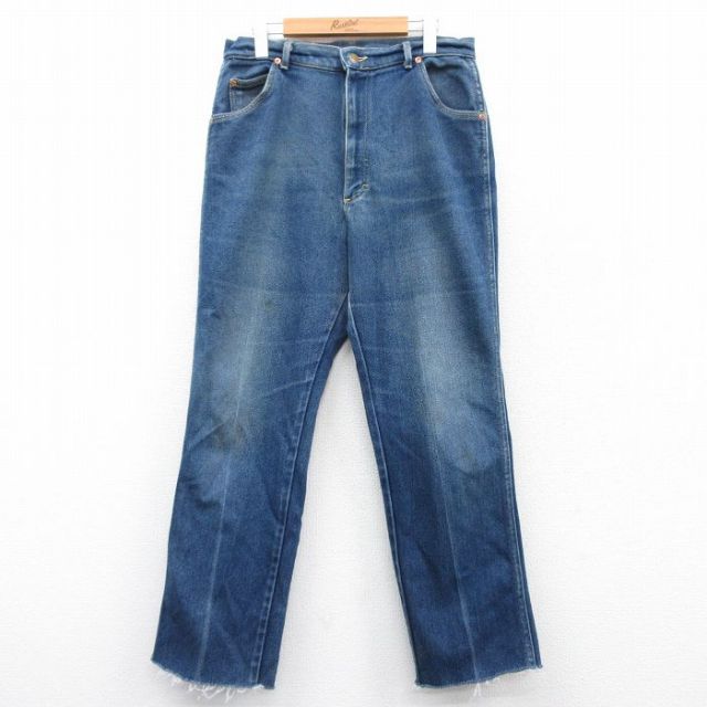 W33★古着 リー Lee ジーンズ メンズ 90年代 90s ヒゲ USA製 紺 ネイビー デニム 25mar25 中古 ボトムス ジーパン Gパン ロング パンツ