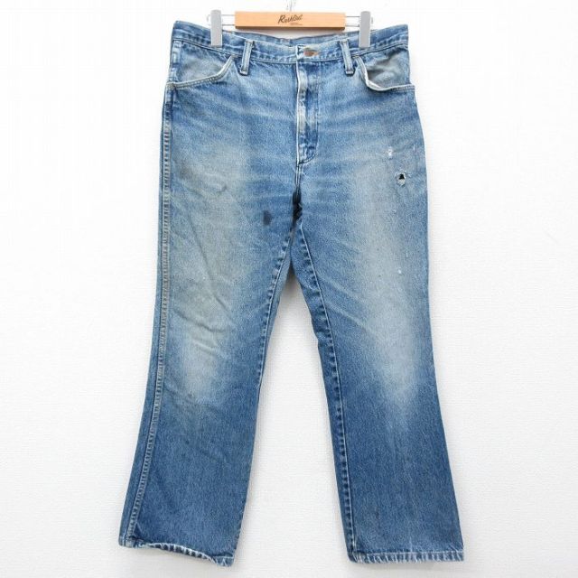 W34★古着 ラスラー ジーンズ メンズ 90年代 90s ヒゲ USA製 紺 ネイビー デニム 25mar27 中古 ボトムス ジーパン Gパン ロング パンツ