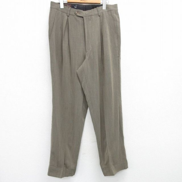 W32★古着 スラックス パンツ メンズ ウール 茶系 ブラウン 25apr04 中古 ボトムス ロング
