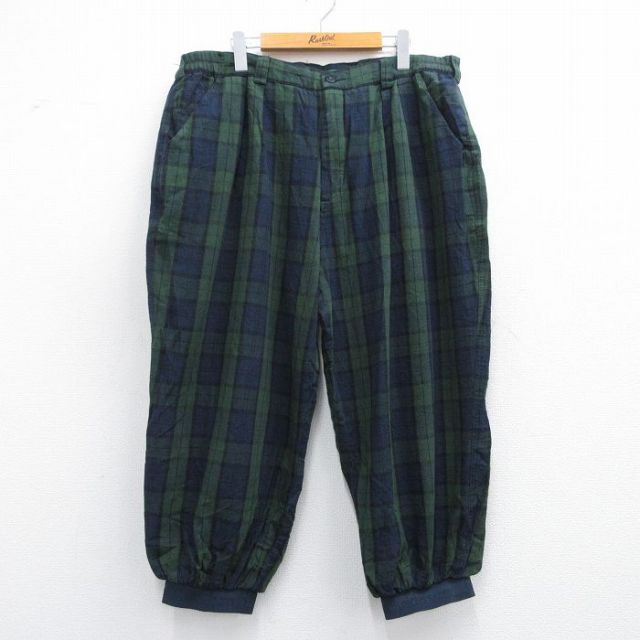 W38★古着 パンツ メンズ リネン 緑他 グリーン タータンチェック ブラックウォッチ 25apr10 中古 ボトムス ロング