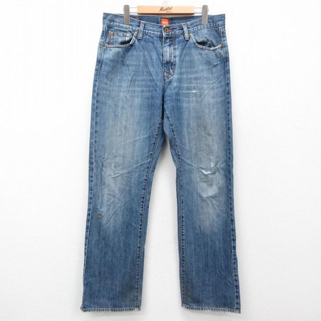 W33★古着 BOSS ジーンズ メンズ ヒゲ 紺 ネイビー デニム 25apr11 中古 ボトムス ジーパン Gパン ロング パンツ