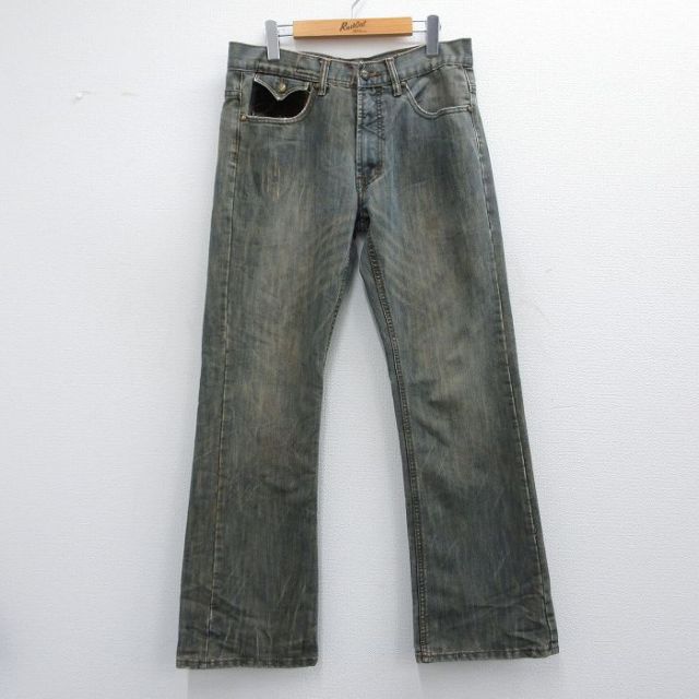W33★古着 ジーンズ メンズ ブーツカット フレア 紺系 ネイビー デニム 25apr14 中古 ボトムス ジーパン Gパン ロング パンツ