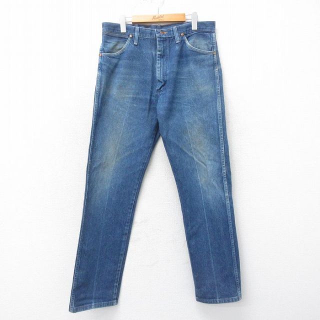 W35★古着 ラングラー Wrangler ジーンズ メンズ 90年代 90s ヒゲ コットン USA製 紺 ネイビー デニム 25apr14 中古 ボトムス ジーパン Gパン ロング パンツ