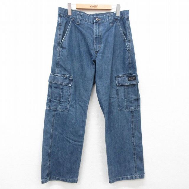 W32★古着 ラングラー Wrangler カーゴ パンツ メンズ 紺 ネイビー デニム 25apr21 中古 ボトムス ロング