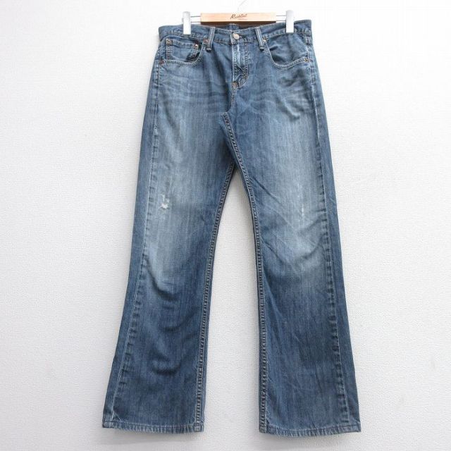 W31★古着 リーバイス Levis ジーンズ メンズ ヒゲ フレア 紺 ネイビー デニム 25apr23 中古 ボトムス ジーパン Gパン ロング パンツ