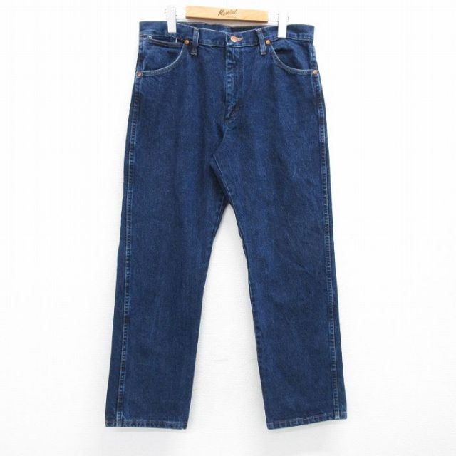 W34★古着 ラングラー Wrangler ジーンズ コットン 濃紺 ネイビー デニム 25may08 中古 メンズ ボトムス ジーパン Gパン ロング パンツ