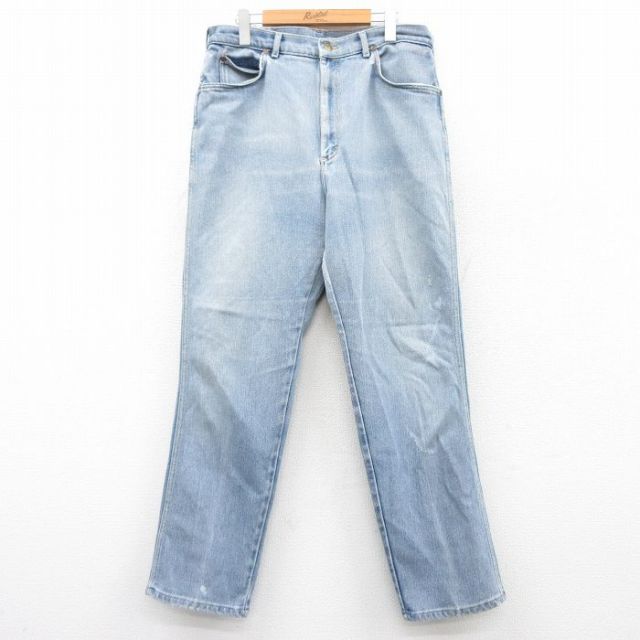 W34★古着 リー Lee ジーンズ メンズ 90年代 90s ヒゲ USA製 薄紺 ネイビー デニム 【spe】 25may10 中古 ボトムス ジーパン Gパン ロング パンツ