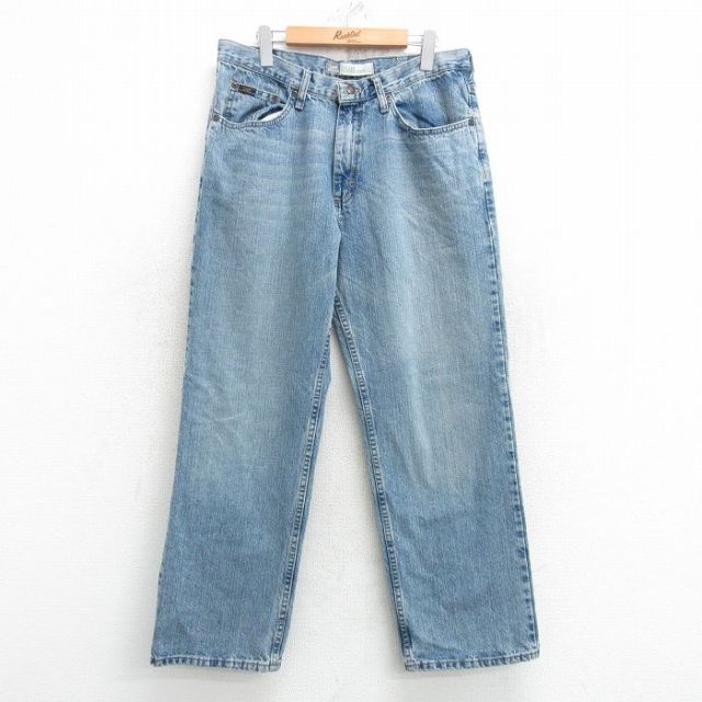 W34★古着 リー Lee ジーンズ メンズ ヒゲ コットン 薄紺 ネイビー デニム 25may10 中古 ボトムス ジーパン Gパン ロング パンツ