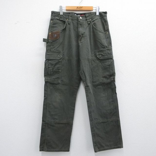 W33★古着 ラングラー Wrangler カーゴ ペインター パンツ メンズ リップストップ コットン 濃緑 グリーン 25may12 中古 ボトムス ロング