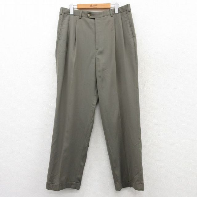 【50%OFF】W34★古着 スラックス パンツ メンズ ウール 濃緑 グリーン 25may20 中古 ボトムス ロング