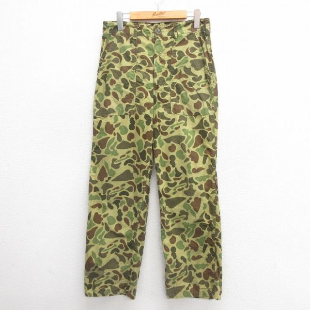 W30★古着 ハンティング ベイカー パンツ メンズ ダックハンターカモ 薄緑他 グリーン 迷彩 25may27 中古 ボトムス ロング