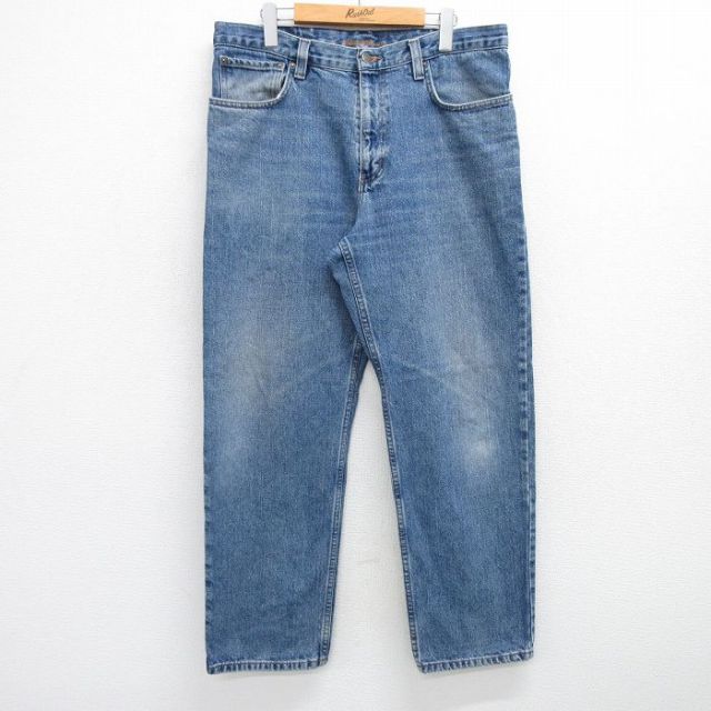 W36★古着 エディーバウアー ジーンズ メンズ ヒゲ コットン 紺 ネイビー デニム 25jun19 中古 ボトムス ジーパン Gパン ロング パンツ
