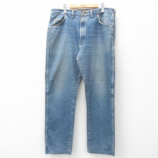 W37★古着 ラングラー Wrangler ジーンズ メンズ 90年代 90s ヒゲ コットン USA製 紺 ネイビー デニムs 【spe】 25jun21 中古 ボトムス ジーパン Gパン ロング パンツ