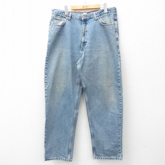 W36★古着 カルバンクライン Calvin Klein ジーンズ メンズ ヒゲ テーパード コットン 紺 ネイビー デニム 25jun21 中古 ボトムス ジーパン Gパン ロング パンツ