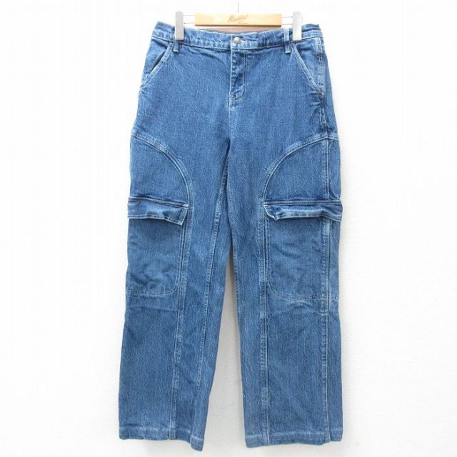 W32★古着 カーゴ パンツ メンズ 紺 ネイビー デニム 【spe】 25jul02 中古 ボトムス ロング
