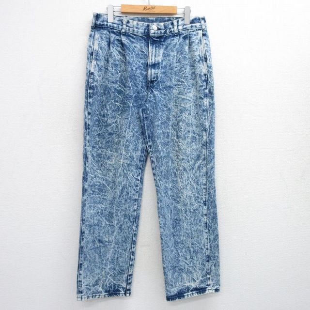 W33★古着 ジーンズ メンズ 80年代 80s ケミカルウォッシュ コットン 紺 ネイビー デニム 【spe】 25jul04 中古 ボトムス ジーパン Gパン ロング パンツ