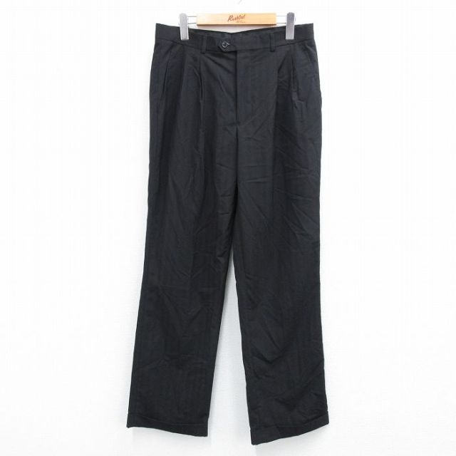 【50%OFF】W32★古着 パンツ メンズ 黒 ブラック ストライプ 25jul07 中古 ボトムス ロング