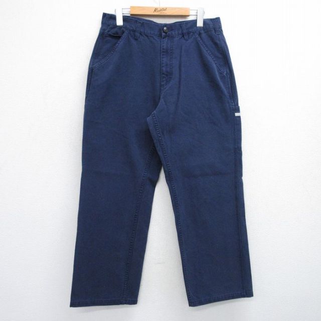 W32★古着 パンツ メンズ ダック地 紺 ネイビー 【spe】 25jul10 中古 ボトムス ロング