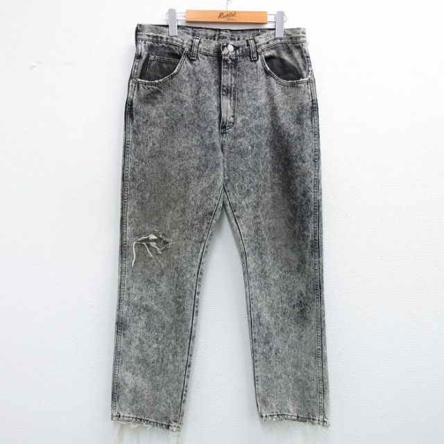 W34★古着 ラングラー Wrangler ジーンズ メンズ 90年代 90s ケミカルウォッシュ テーパード コットン USA製 黒 ブラック デニム 25jul10 中古 ボトムス ジーパン Gパン ロング パンツ