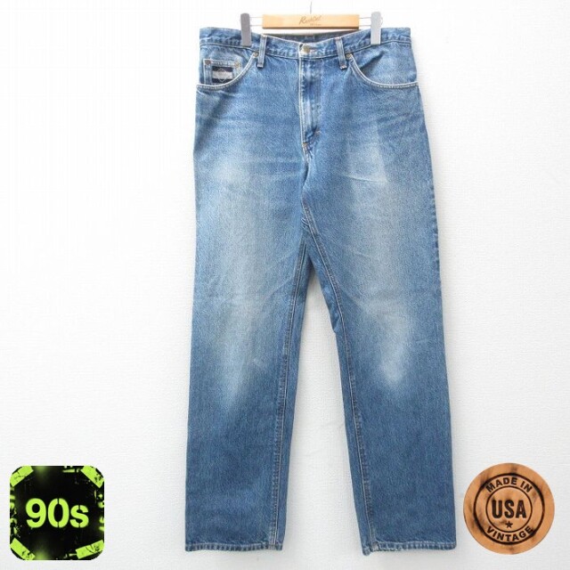 W35★古着 ジーンズ メンズ 90年代 90s ヒゲ コットン USA製 紺 ネイビー デニム 25jul17 中古 ボトムス ジーパン Gパン ロング パンツ