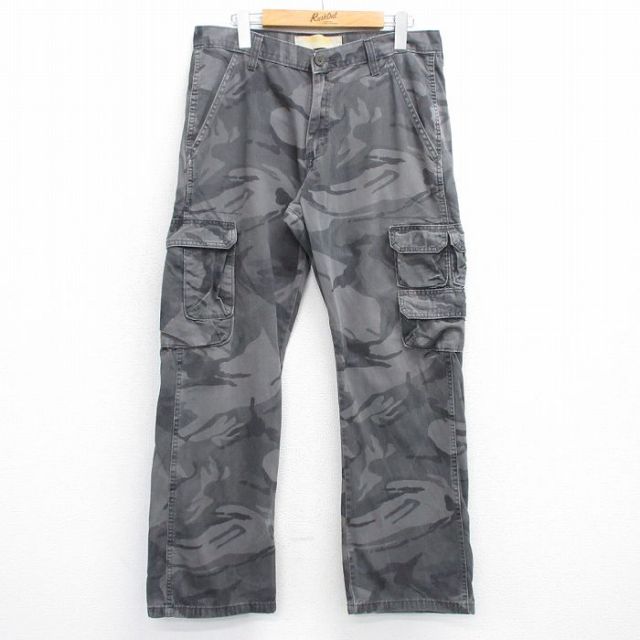 W32★古着 ラングラー Wrangler カーゴ パンツ メンズ コットン グレー 迷彩 25aug01 中古 ボトムス ロング