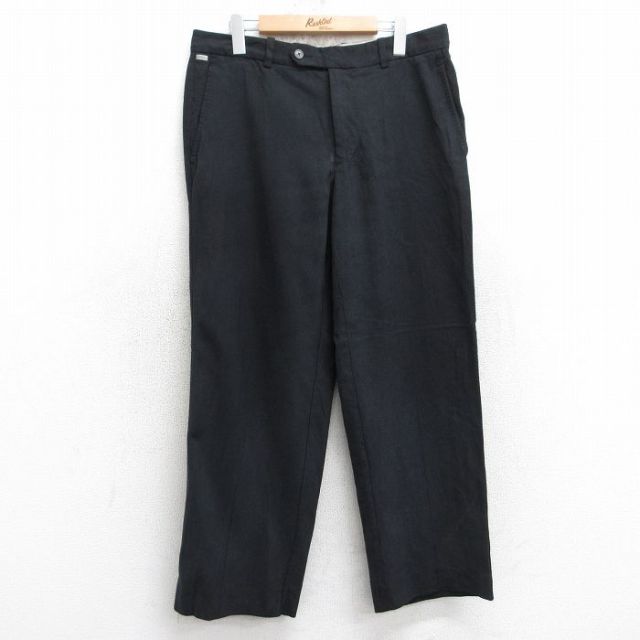 W34★古着 スラックス パンツ メンズ シルク 黒 ブラック 25aug05 中古 ボトムス ロング