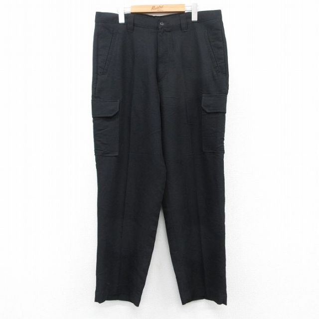 W36★古着 カーゴ パンツ メンズ レーヨン 黒 ブラック 25aug13 中古 ボトムス ロング