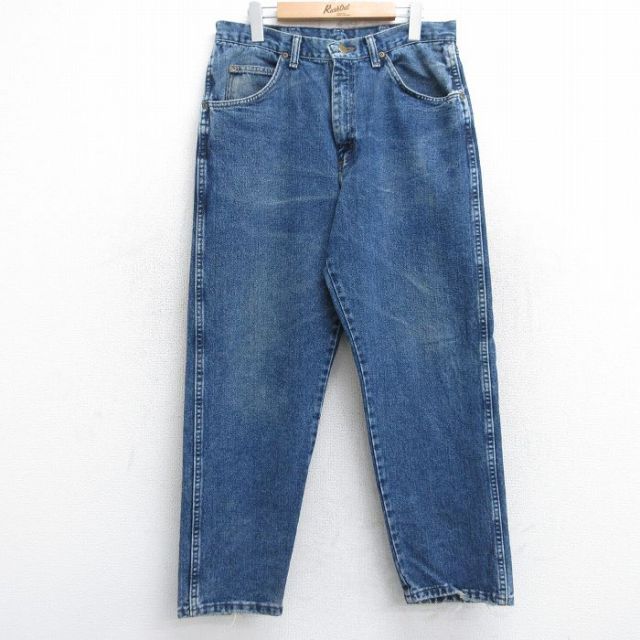 W32★古着 ラングラー Wrangler ジーンズ メンズ 90年代 90s ヒゲ テーパード コットン USA製 紺 ネイビー デニム 【spe】 25aug13 中古 ボトムス ジーパン Gパン ロング パンツ