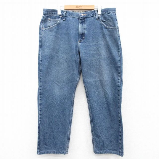 W38★古着 ラングラー Wrangler ジーンズ メンズ ヒゲ コットン 紺 ネイビー デニム 25aug20 中古 ボトムス ジーパン Gパン ロング パンツ
