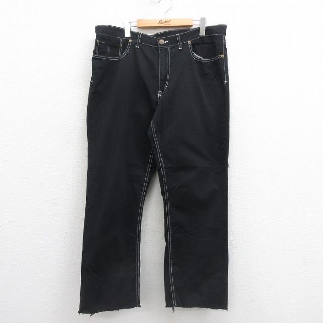 W38★古着 ラルフローレン Ralph Lauren ブランド パンツ メンズ ワンポイントロゴ コットン 黒 ブラック 25sep05 中古 ボトムス ロング