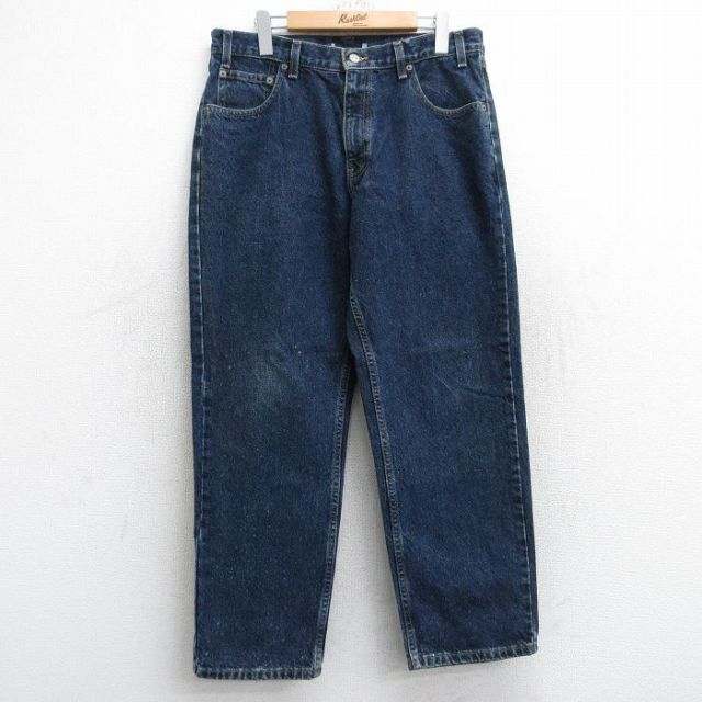W34★古着 ジーンズ メンズ コットン 濃紺 ネイビー デニム 25sep06 中古 ボトムス ジーパン Gパン ロング パンツ