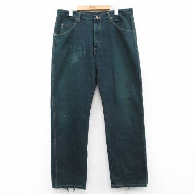W36★古着 ラングラー Wrangler ジーンズ メンズ コットン 濃緑 グリーン デニム 25sep06 中古 ボトムス ジーパン Gパン ロング パンツ