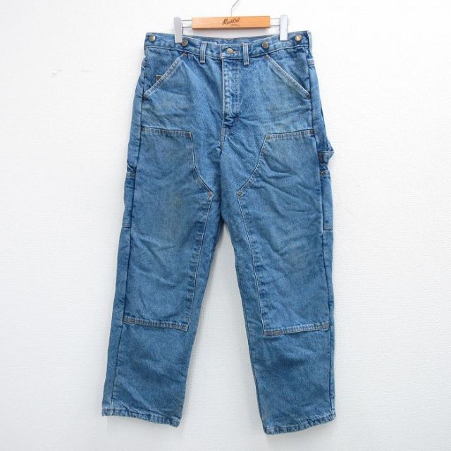 W34★古着 ペインター パンツ メンズ ダブルニー コットン カナダ製 紺 ネイビー デニム 【spe】 25sep08 中古 ボトムス ロング