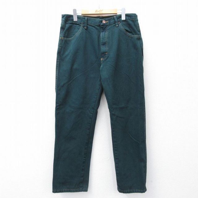 W35★古着 ラスラー ジーンズ メンズ コットン 緑 グリーン デニム 25sep08 中古 ボトムス ジーパン Gパン ロング パンツ