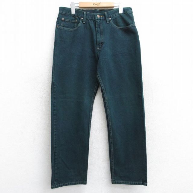 W33★古着 ラングラー Wrangler ジーンズ メンズ コットン 濃緑 グリーン デニム 25sep12 中古 ボトムス ジーパン Gパン ロング パンツ