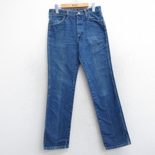 W31★古着 ラングラー Wrangler ジーンズ メンズ 90年代 90s ヒゲ コットン USA製 紺 ネイビー デニム 【spe】 25sep17 中古 ボトムス ジーパン Gパン ロング パンツ