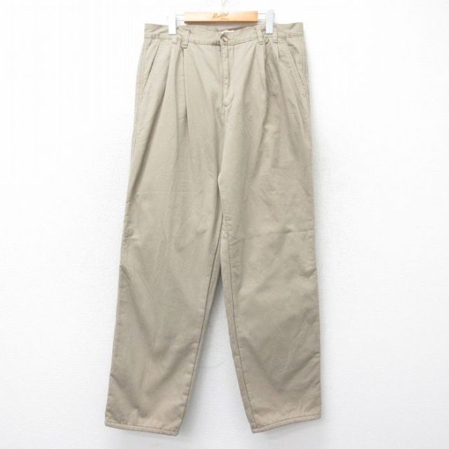 W34★古着 パンツ メンズ コットン ベージュ カーキ 内側フリース 25sep24 中古 ボトムス ロング
