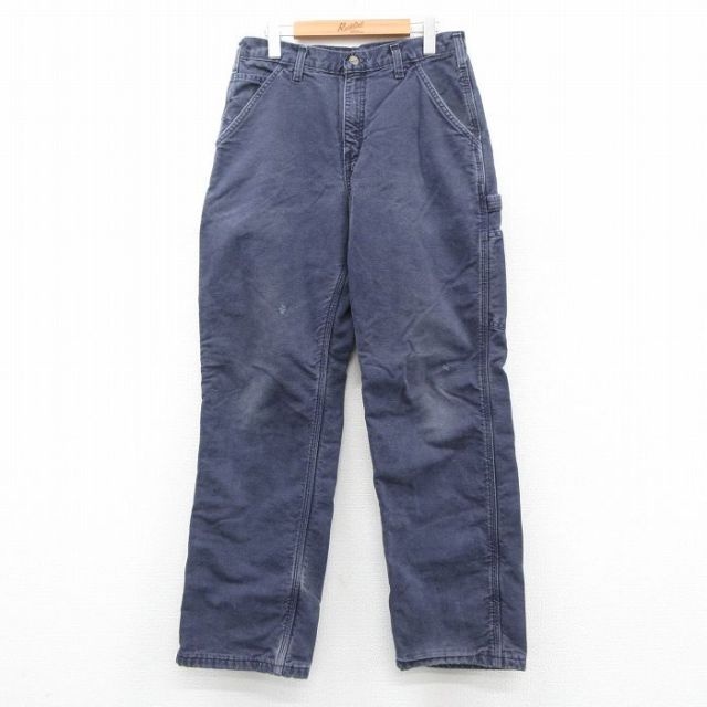 W30★古着 カーハート Carhartt ペインター パンツ メンズ ダック地 コットン 紺 ネイビー 内側フランネル 25sep27 中古 ボトムス ロング