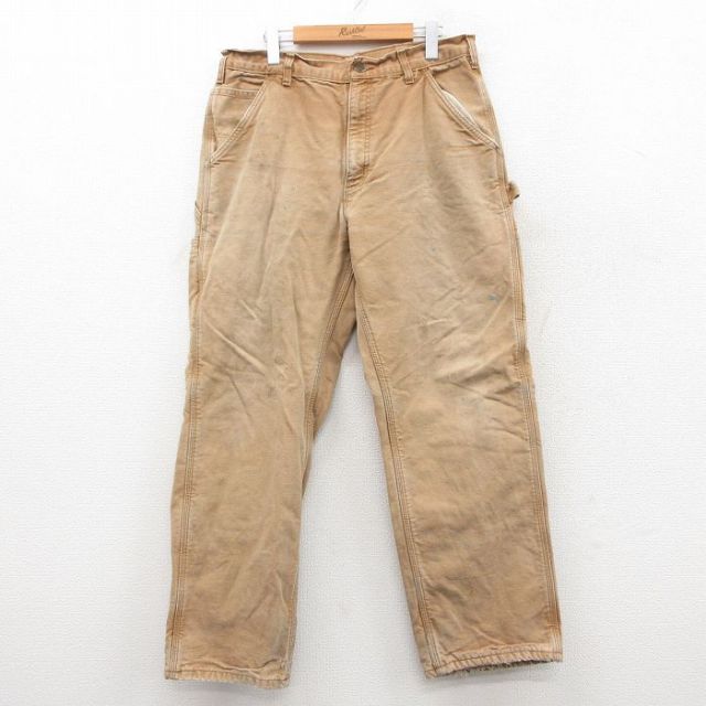 W34★古着 カーハート Carhartt ペインター パンツ メンズ ダック地 コットン ベージュ系 カーキ 内側フランネル 25sep27 中古 ボトムス ロング