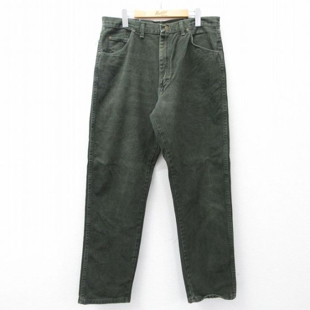 W35★古着 ラングラー Wrangler ジーンズ メンズ 90年代 90s コットン USA製 濃緑 グリーン デニム 【spe】 25sep27 中古 ボトムス ジーパン Gパン ロング パンツ
