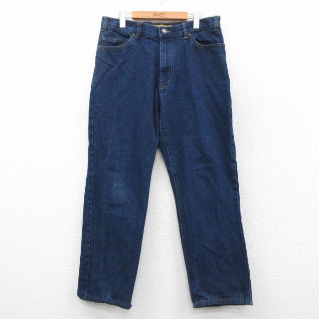 W34★古着 ジーンズ メンズ コットン 濃紺 ネイビー デニム 25oct02 中古 ボトムス ジーパン Gパン ロング パンツ