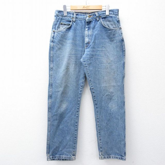 W34★古着 ラングラー Wrangler ジーンズ メンズ 90年代 90s ヒゲ コットン USA製 紺 ネイビー デニム 25oct16 中古 ボトムス ジーパン Gパン ロング パンツ