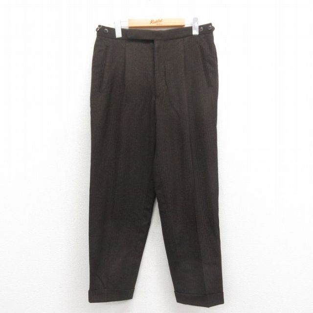 W32★古着 スラックス パンツ メンズ 70年代 70s ウール こげ茶他 ブラウン ストライプ 25oct18 中古 ボトムス ロング